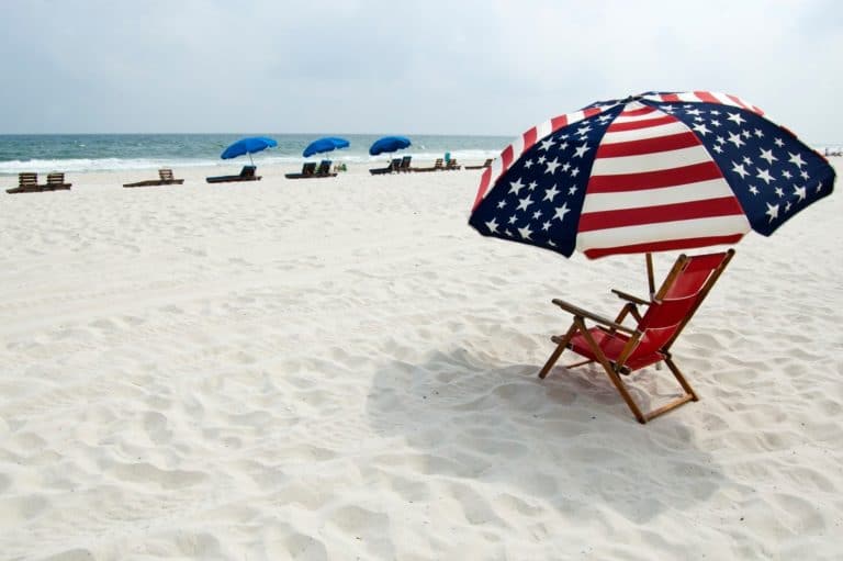 An American Flag Beach Umbrella sitting in the sand